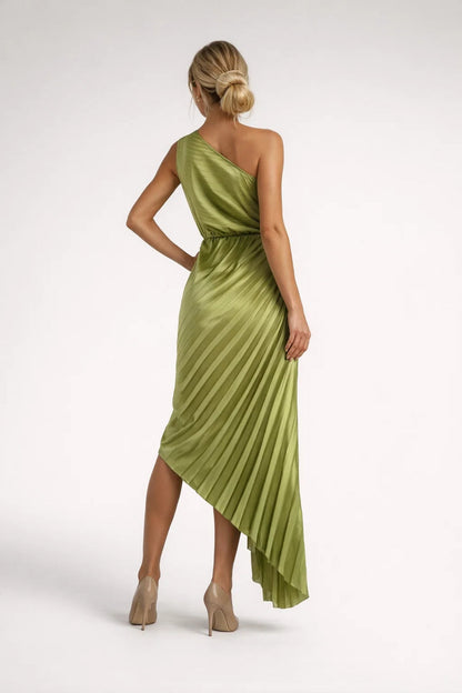 Women's Midi Dress Black One Shoulder Pleated - 3