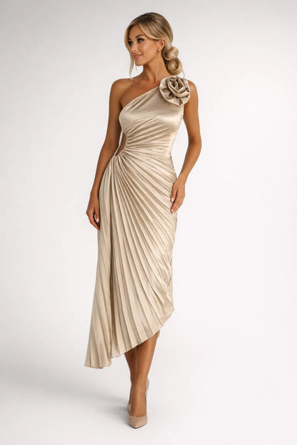 Women's Midi Dress Black One Shoulder Pleated - 4