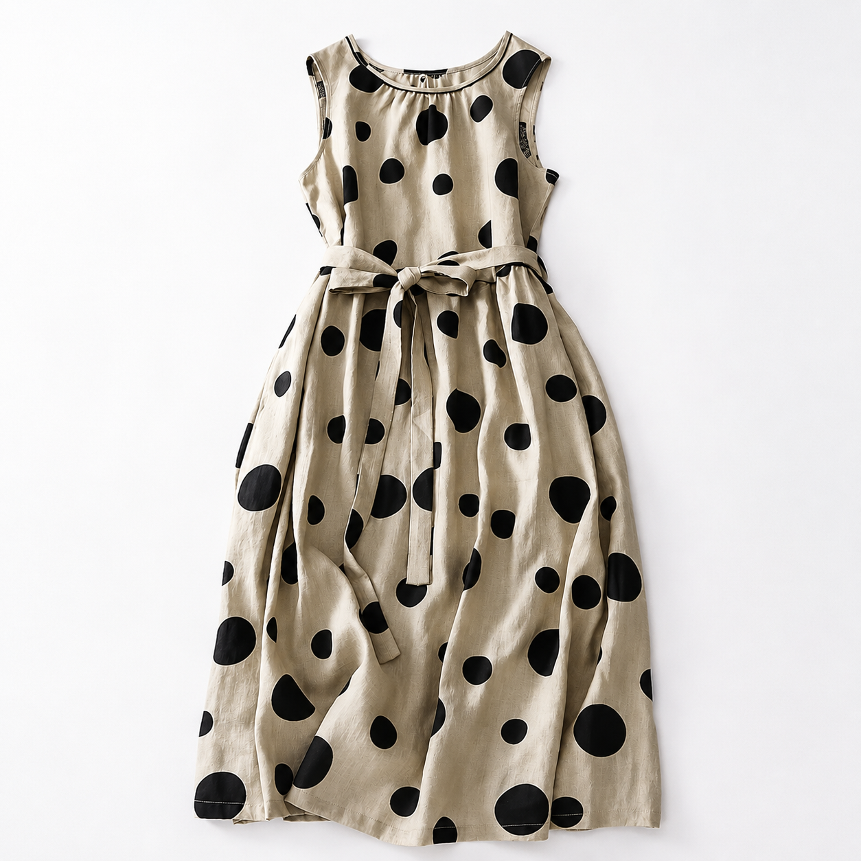 Women's Sleeveless Polka Dot Belted Midi Dress in Polka Dot Print – front view | Hensley London
