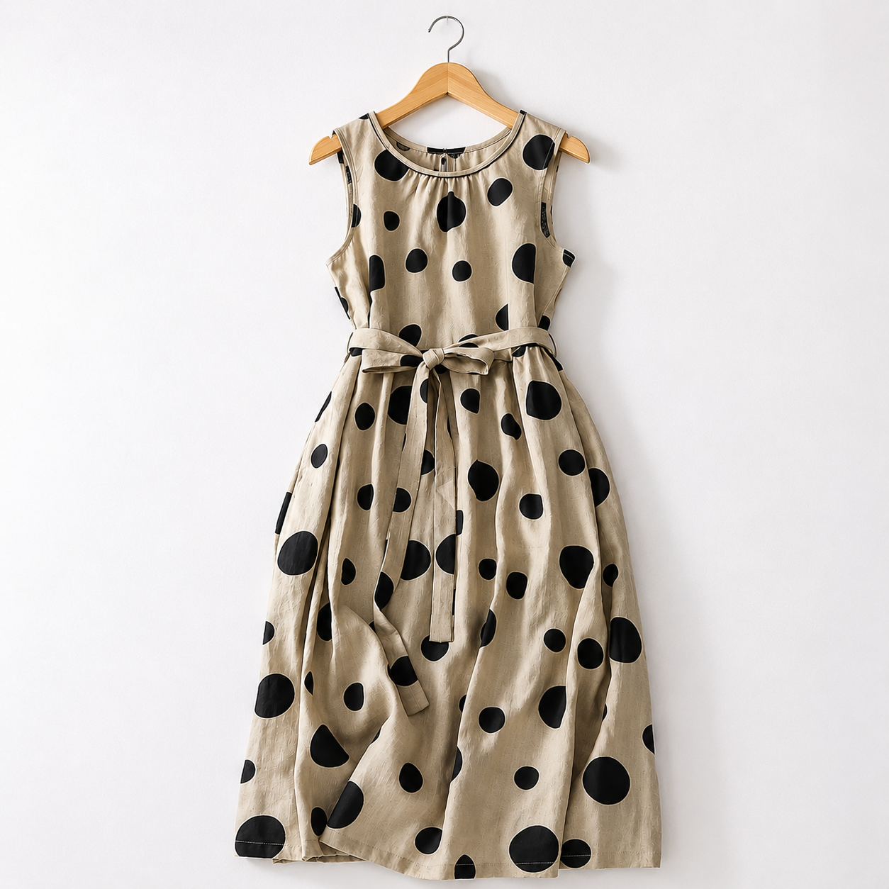 Women's Sleeveless Polka Dot Belted Midi Dress in Polka Dot Print – side view | Hensley London