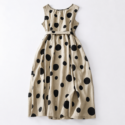Women's Sleeveless Polka Dot Belted Midi Dress in Polka Dot Print – back view | Hensley London