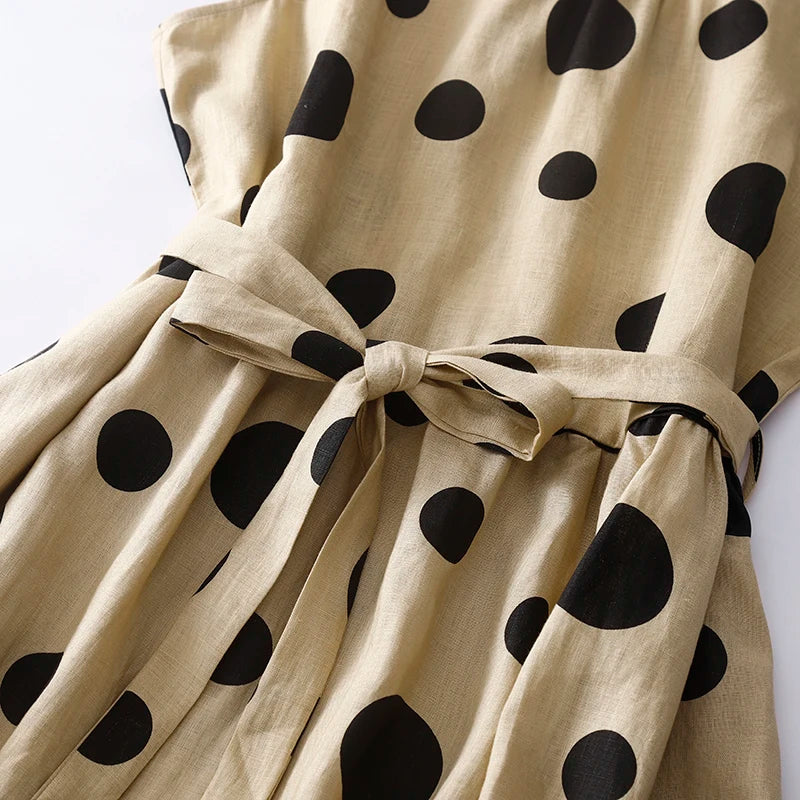 Women's Sleeveless Polka Dot Belted Midi Dress in Polka Dot Print – styled view | Hensley London