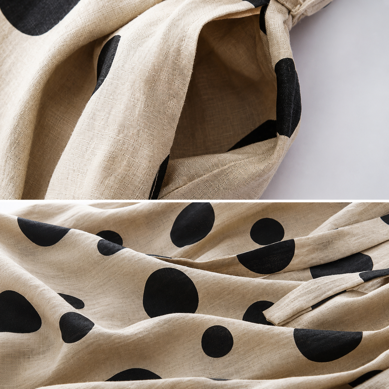 Women's Sleeveless Polka Dot Belted Midi Dress in Polka Dot Print – fabric detail | Hensley London