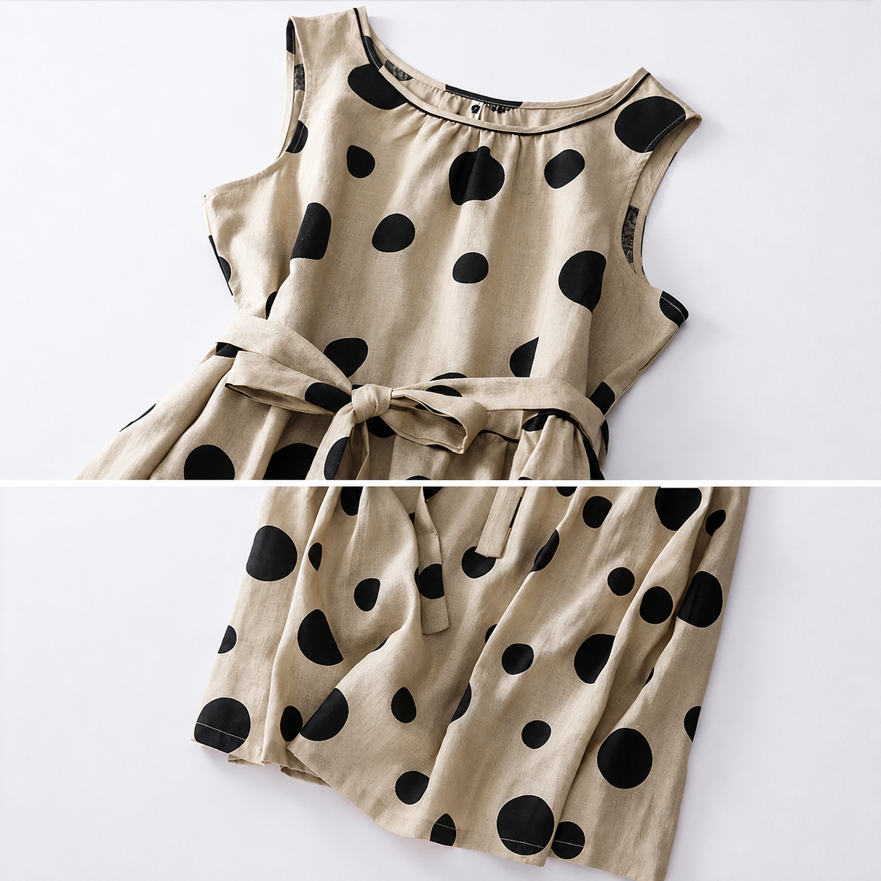 Women's Sleeveless Polka Dot Belted Midi Dress in Polka Dot Print – full-length view | Hensley London