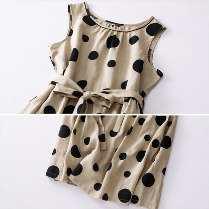 Women's Sleeveless Polka Dot Belted Midi Dress in Polka Dot Print – full-length view | Hensley London