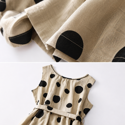 Women's Sleeveless Polka Dot Belted Midi Dress in Polka Dot Print – close-up view | Hensley London