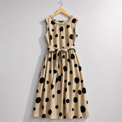Women's Sleeveless Polka Dot Belted Midi Dress in Polka Dot Print – lifestyle view | Hensley London