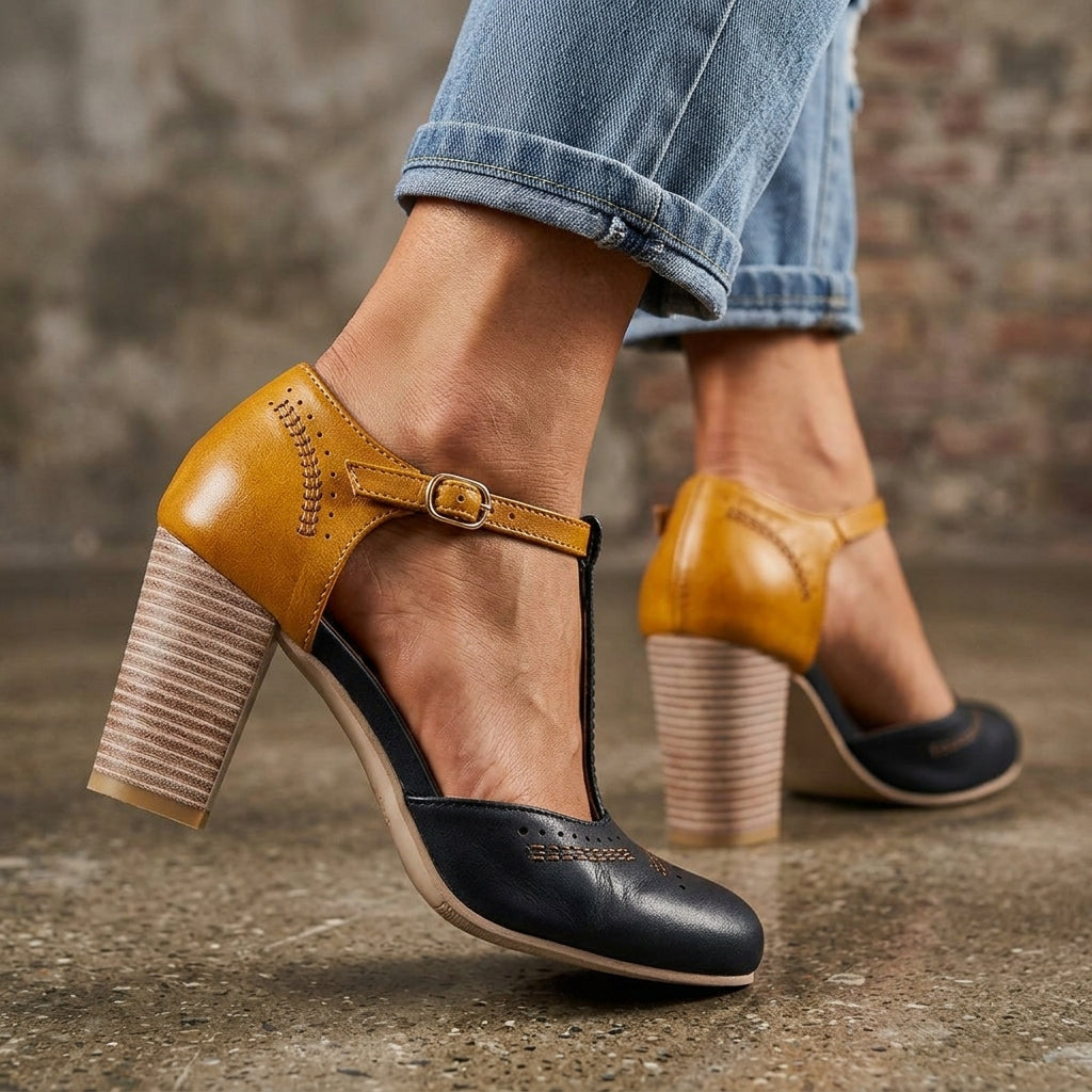 Women's Leather T-Bar Block Heels – front view | Hensley London