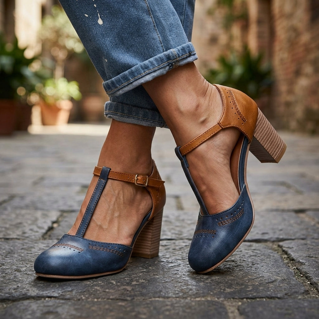 Women's Leather T-Bar Block Heels – side view | Hensley London