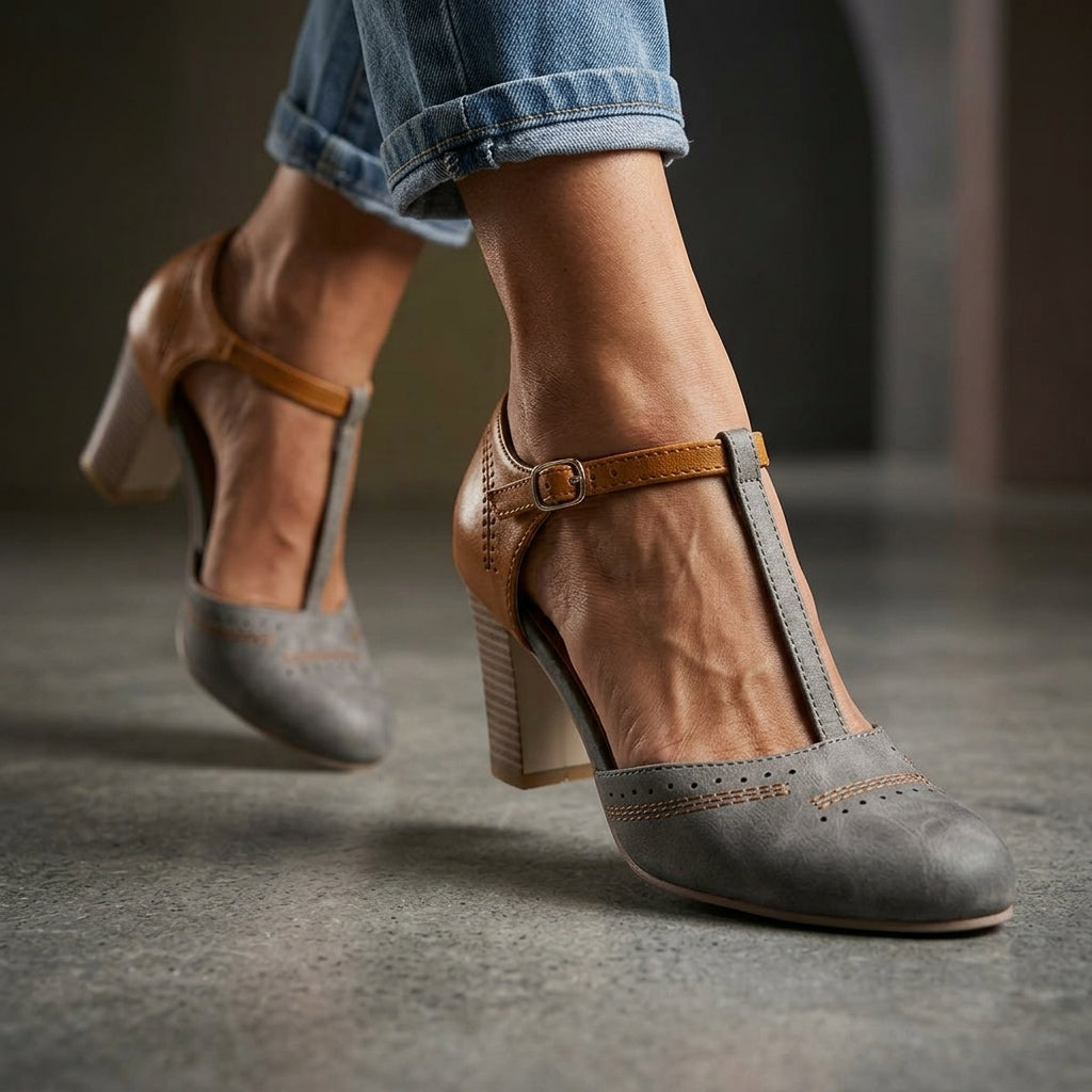 Women's Leather T-Bar Block Heels – detail view | Hensley London