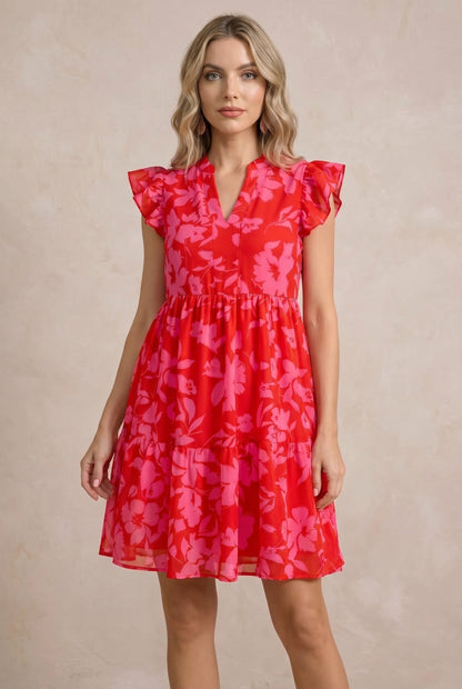 Women's Mini Dress Pink Floral Puff Sleeve Square Neck - 1
