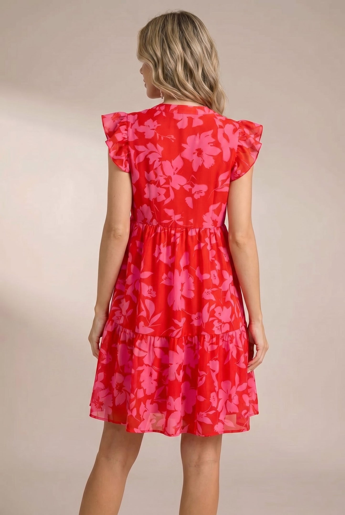Women's Mini Dress Pink Floral Puff Sleeve Square Neck - 2