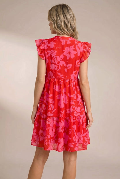 Women's Mini Dress Pink Floral Puff Sleeve Square Neck - 2