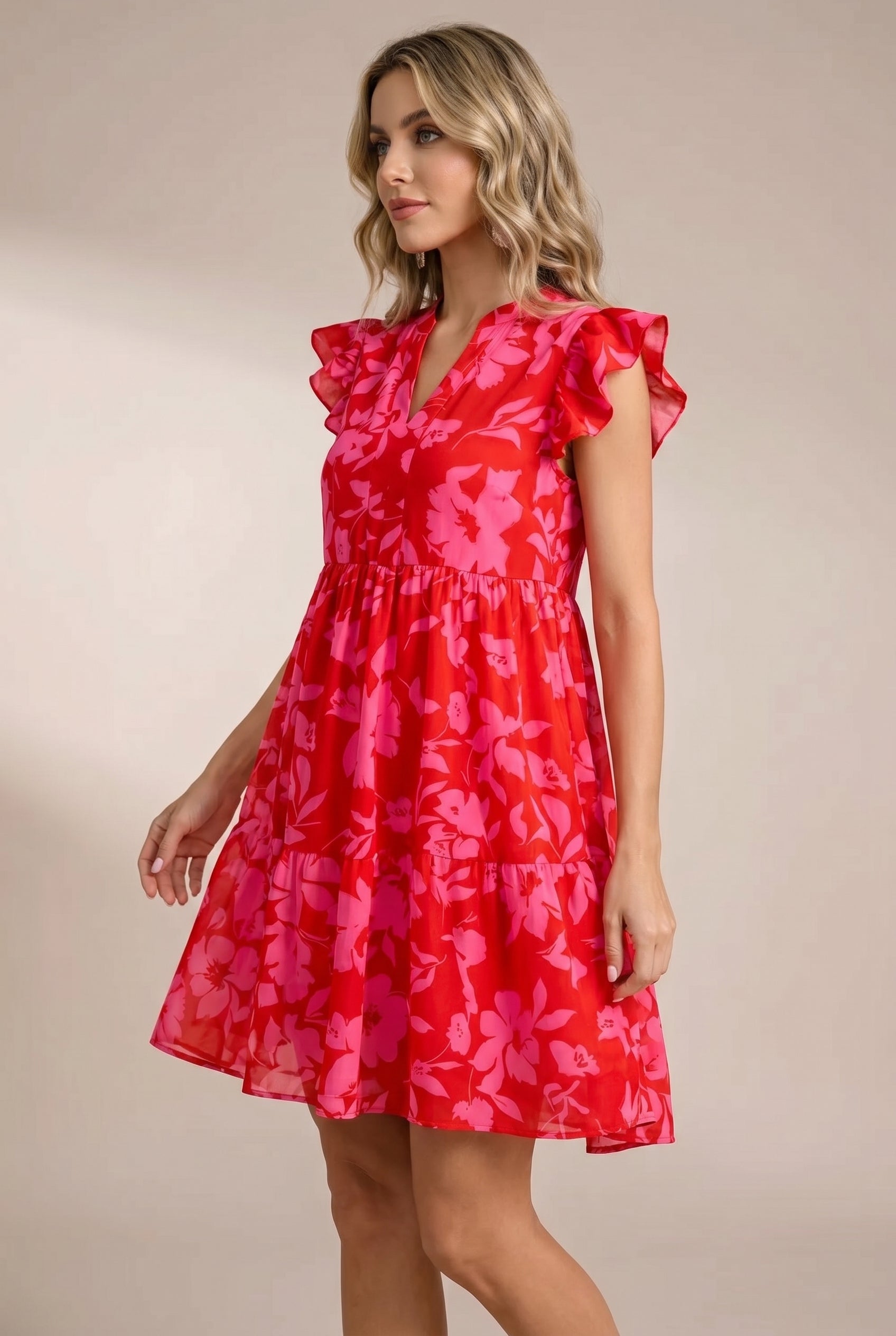 Women's Mini Dress Pink Floral Puff Sleeve Square Neck - 3