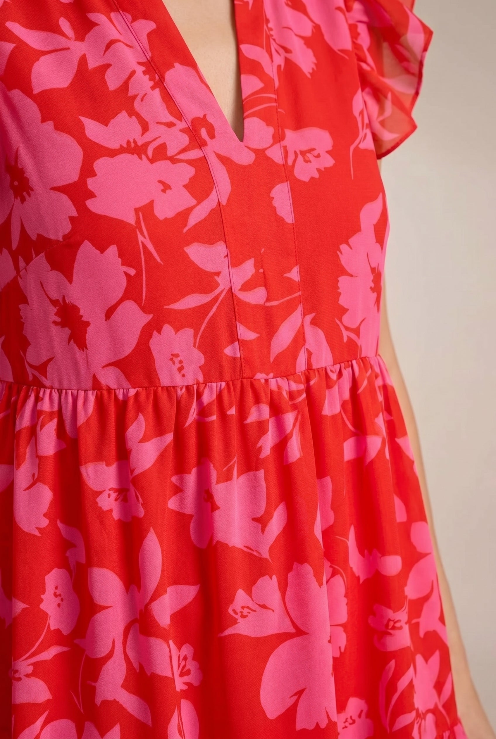 Women's Mini Dress Pink Floral Puff Sleeve Square Neck - 4