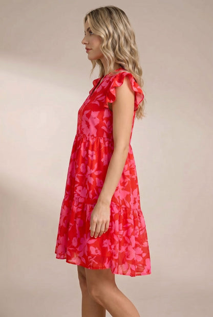 Women's Mini Dress Pink Floral Puff Sleeve Square Neck - 5