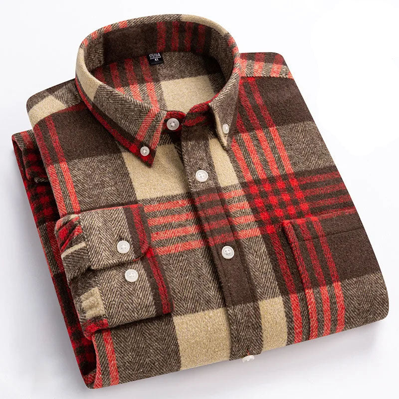 Men's Cotton Flannel Button-Up Shirt in Red – front view | Hensley London
