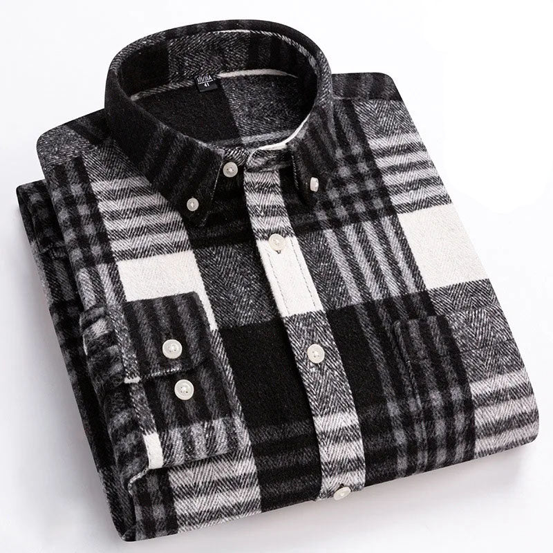 Men's Cotton Flannel Button-Up Shirt in Black – front view | Hensley London