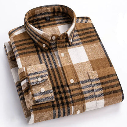 Men's Cotton Flannel Button-Up Shirt in Khaki – front view | Hensley London