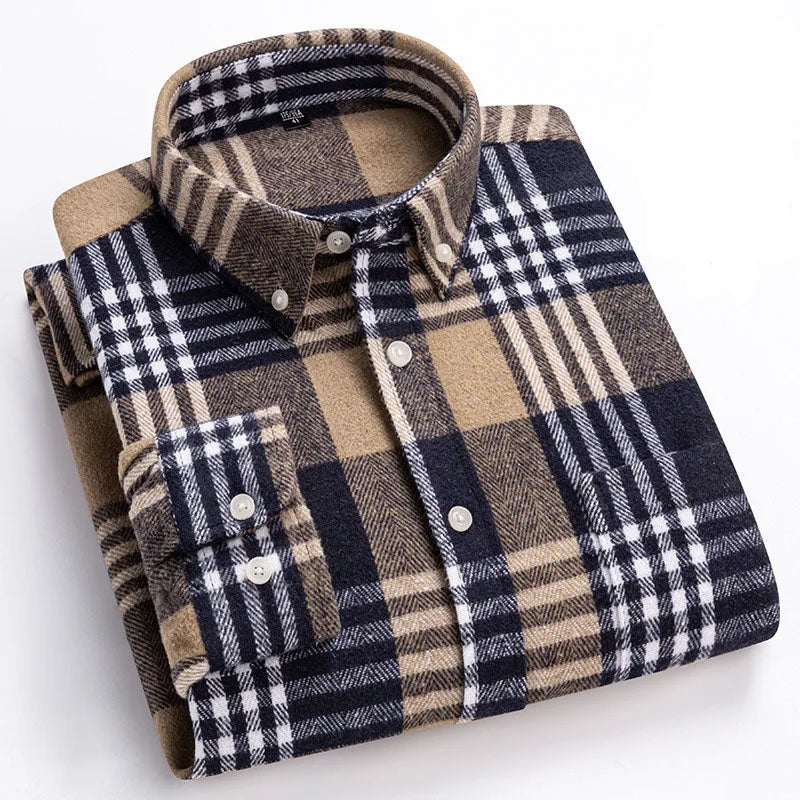Men's Cotton Flannel Button-Up Shirt in Brown – front view | Hensley London
