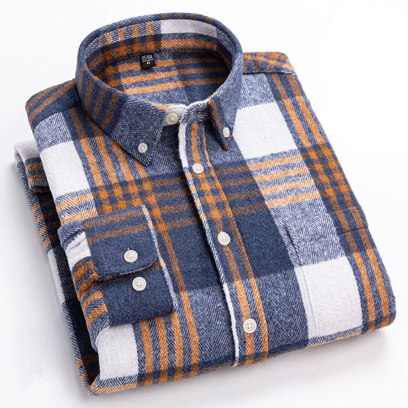 Men's Cotton Flannel Button-Up Shirt in Blue – front view | Hensley London