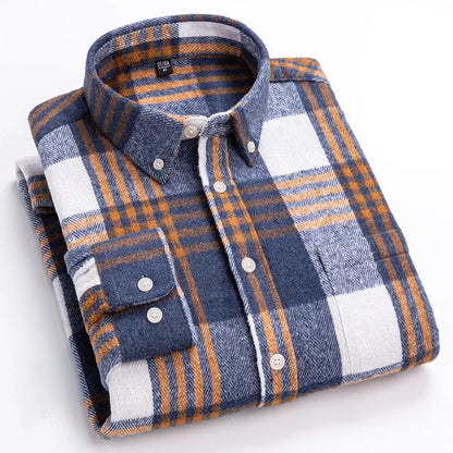 Men's Cotton Flannel Button-Up Shirt in Blue – front view | Hensley London