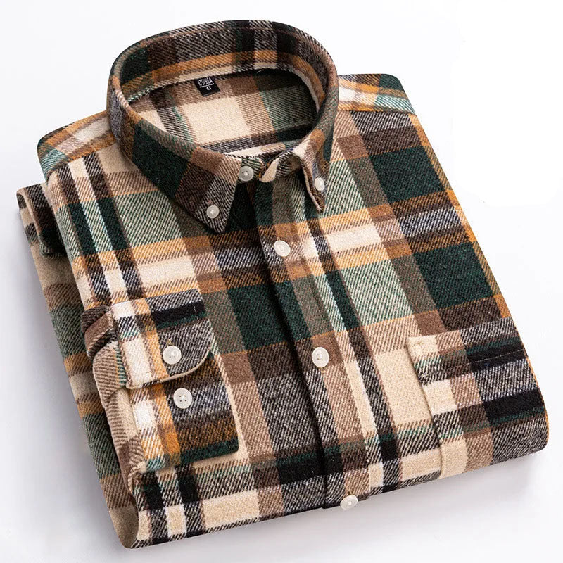 Men's Cotton Flannel Button-Up Shirt in Green – front view | Hensley London
