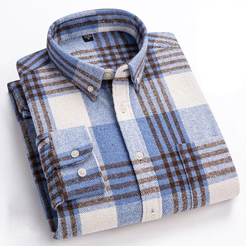 Men's Cotton Flannel Button-Up Shirt in Light Blue – front view | Hensley London