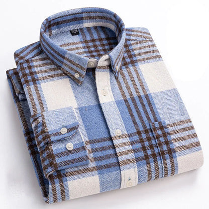 Men's Cotton Flannel Button-Up Shirt in Light Blue – front view | Hensley London