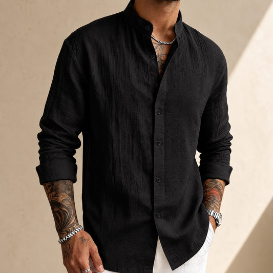 Men's Cotton-Linen Band Collar Shirt in Black – front view | Hensley London