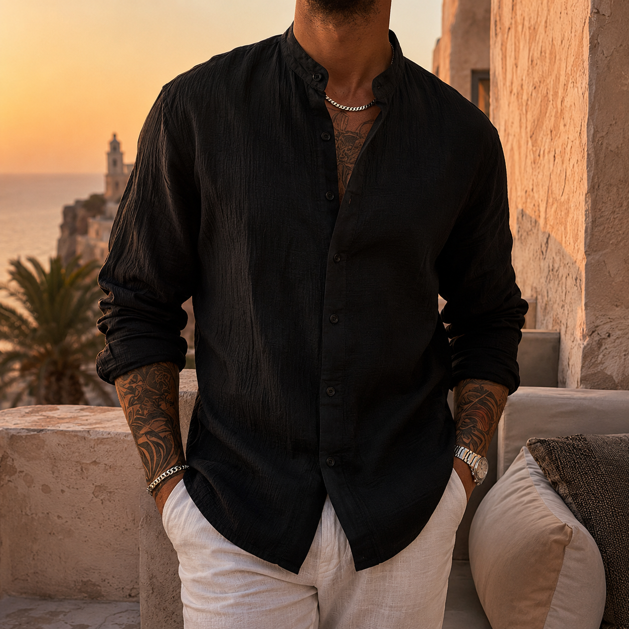 Men's Cotton-Linen Band Collar Shirt – collar detail | Hensley London