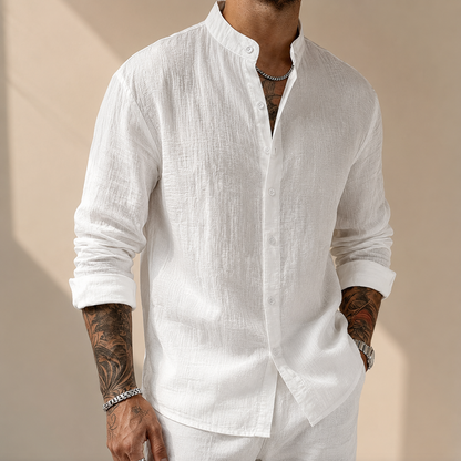 Men's Cotton-Linen Band Collar Shirt in White – front view | Hensley London