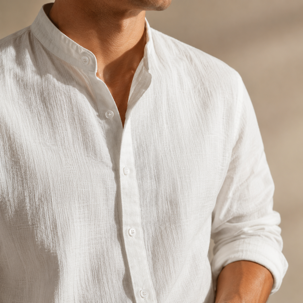 Men's Cotton-Linen Band Collar Shirt – side view | Hensley London
