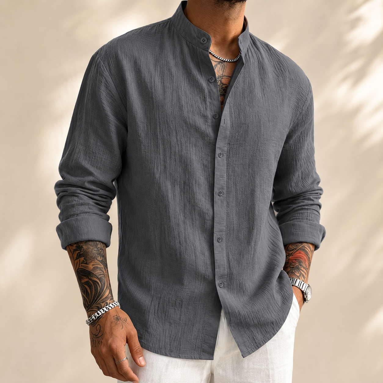 Men's Cotton-Linen Band Collar Shirt in Gray – front view | Hensley London