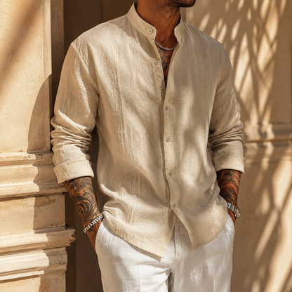Men's Cotton-Linen Band Collar Shirt – back view | Hensley London