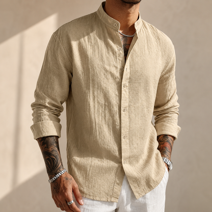 Men's Cotton-Linen Band Collar Shirt in Beige – front view | Hensley London