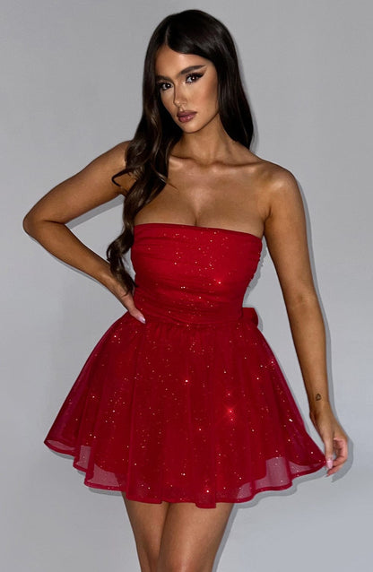 Women's Mini Dress Red Sparkle Corset Non-Stretch Cotton - 1