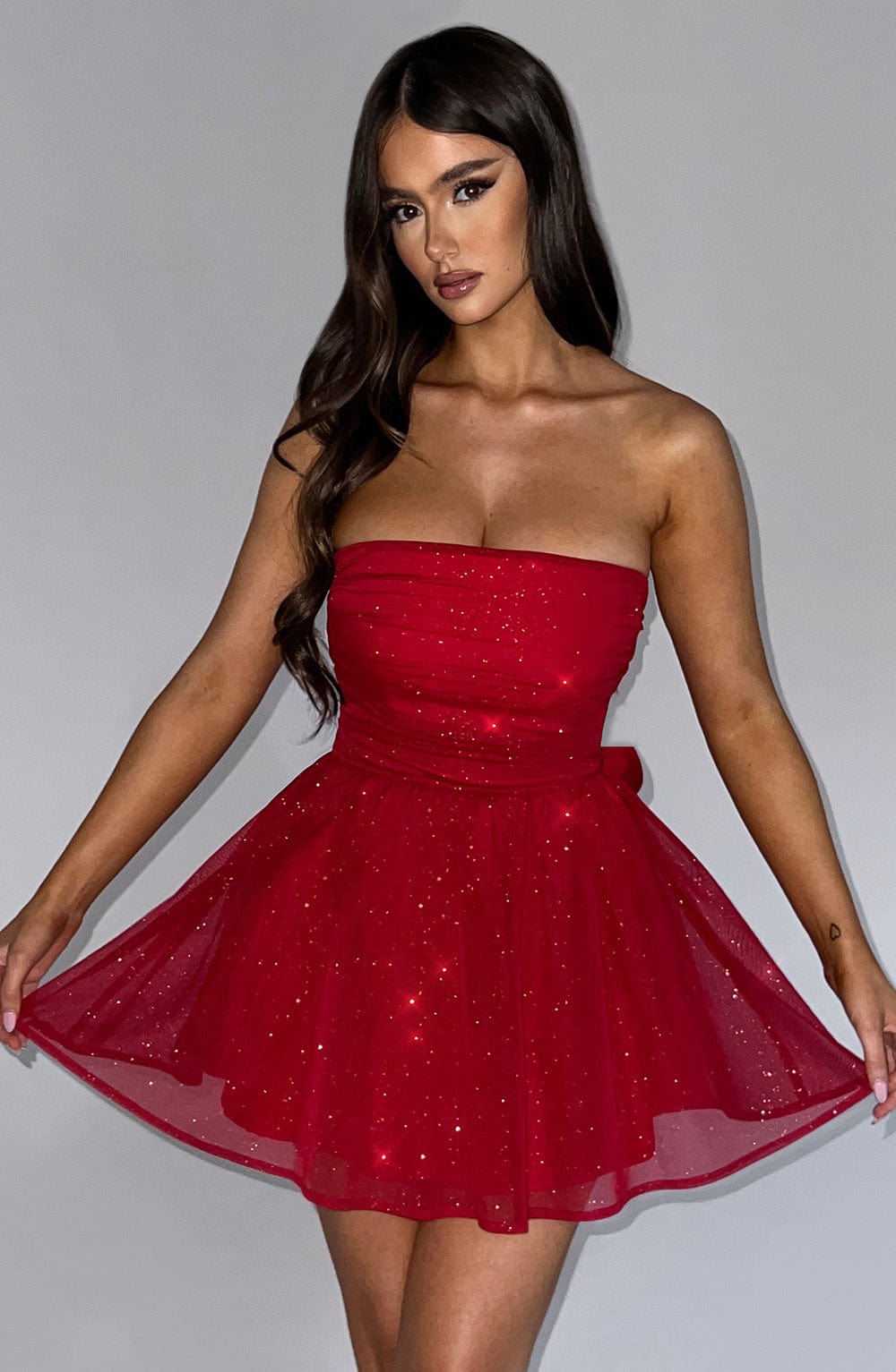 Women's Mini Dress Red Sparkle Corset Non-Stretch Cotton - 2