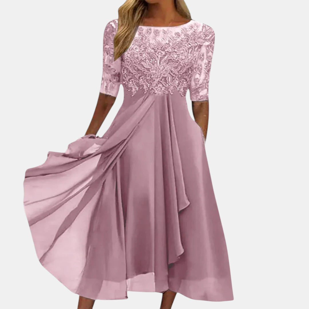 Women's Elegant Flowy Midi Dress – side view | Hensley London