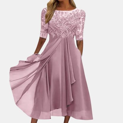 Women's Elegant Flowy Midi Dress – side view | Hensley London
