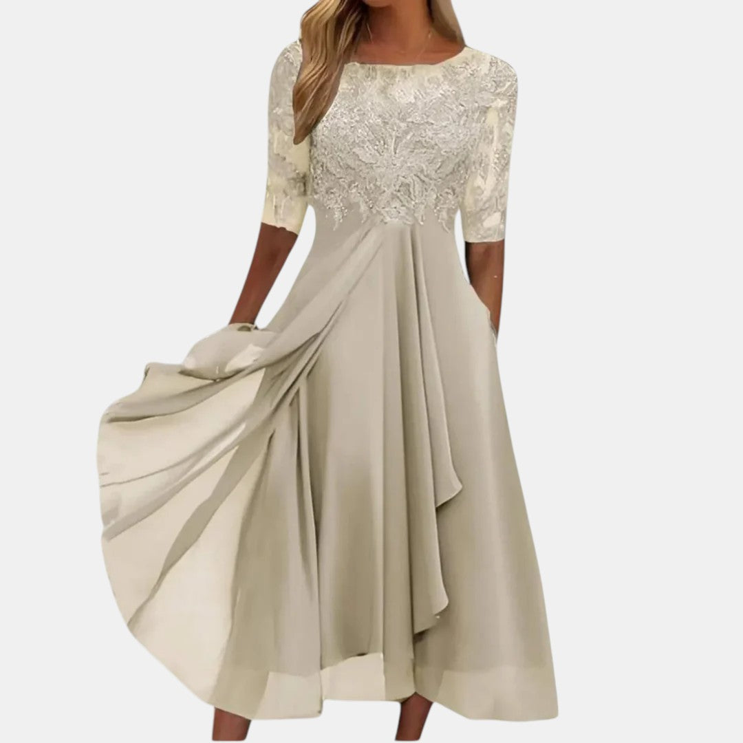 Women's Elegant Flowy Midi Dress – back view | Hensley London