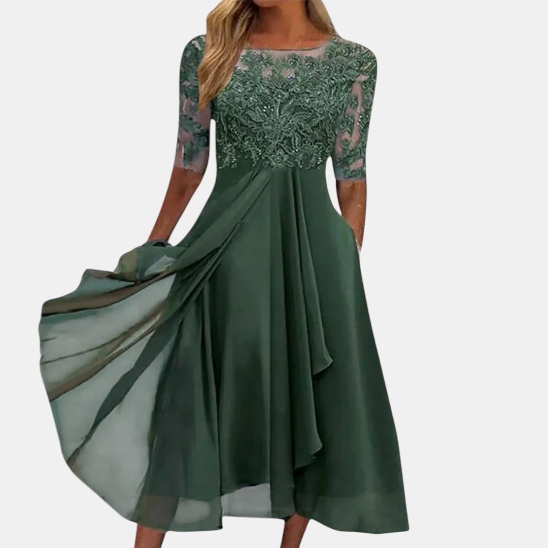 Women's Elegant Flowy Midi Dress – detail view | Hensley London