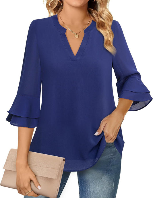 Ruffle Sleeve Blouse with V-Neckline for Women – Lightweight Polyester Blend for Casual and Office Wear 0