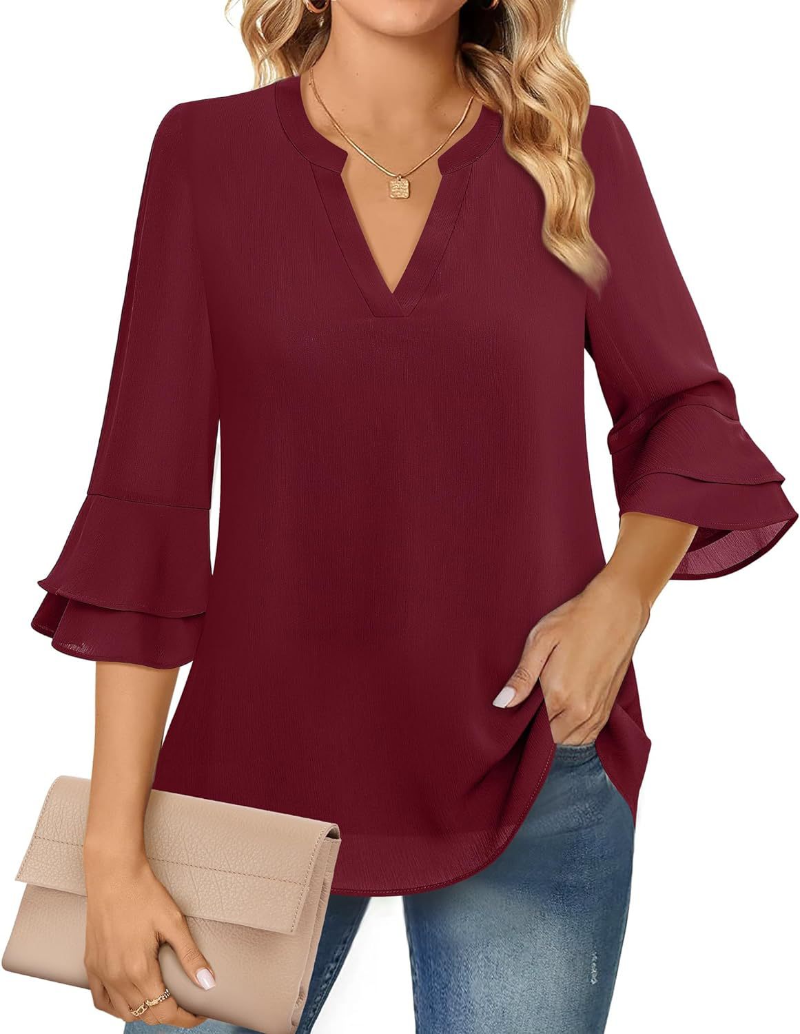 Ruffle Sleeve Blouse with V-Neckline for Women – Lightweight Polyester Blend for Casual and Office Wear 2