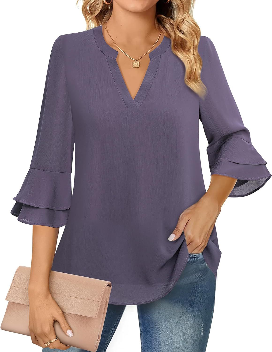 Ruffle Sleeve Blouse with V-Neckline for Women – Lightweight Polyester Blend for Casual and Office Wear 3