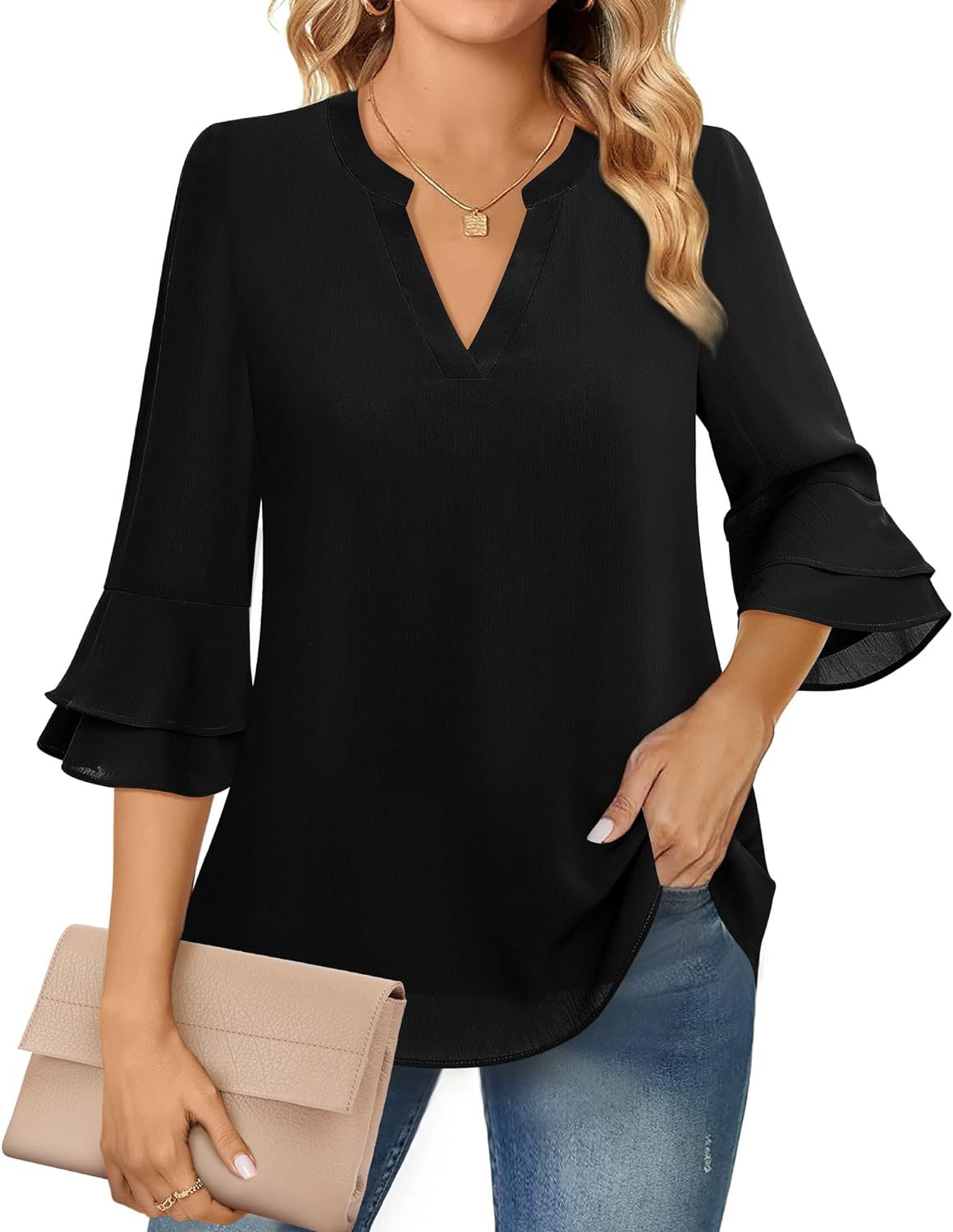 Ruffle Sleeve Blouse with V-Neckline for Women – Lightweight Polyester Blend for Casual and Office Wear 4