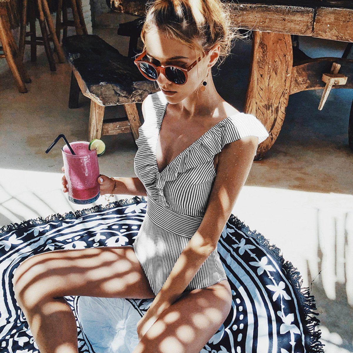 Ruffled One Piece Bathing Suit for Women | Comfortable Striped Design - Image 5