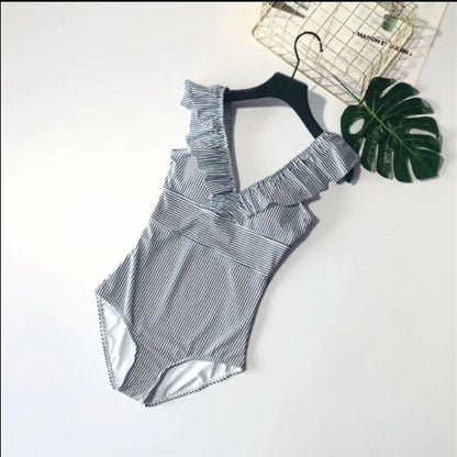 Ruffled One Piece Bathing Suit for Women | Comfortable Striped Design - Image 6
