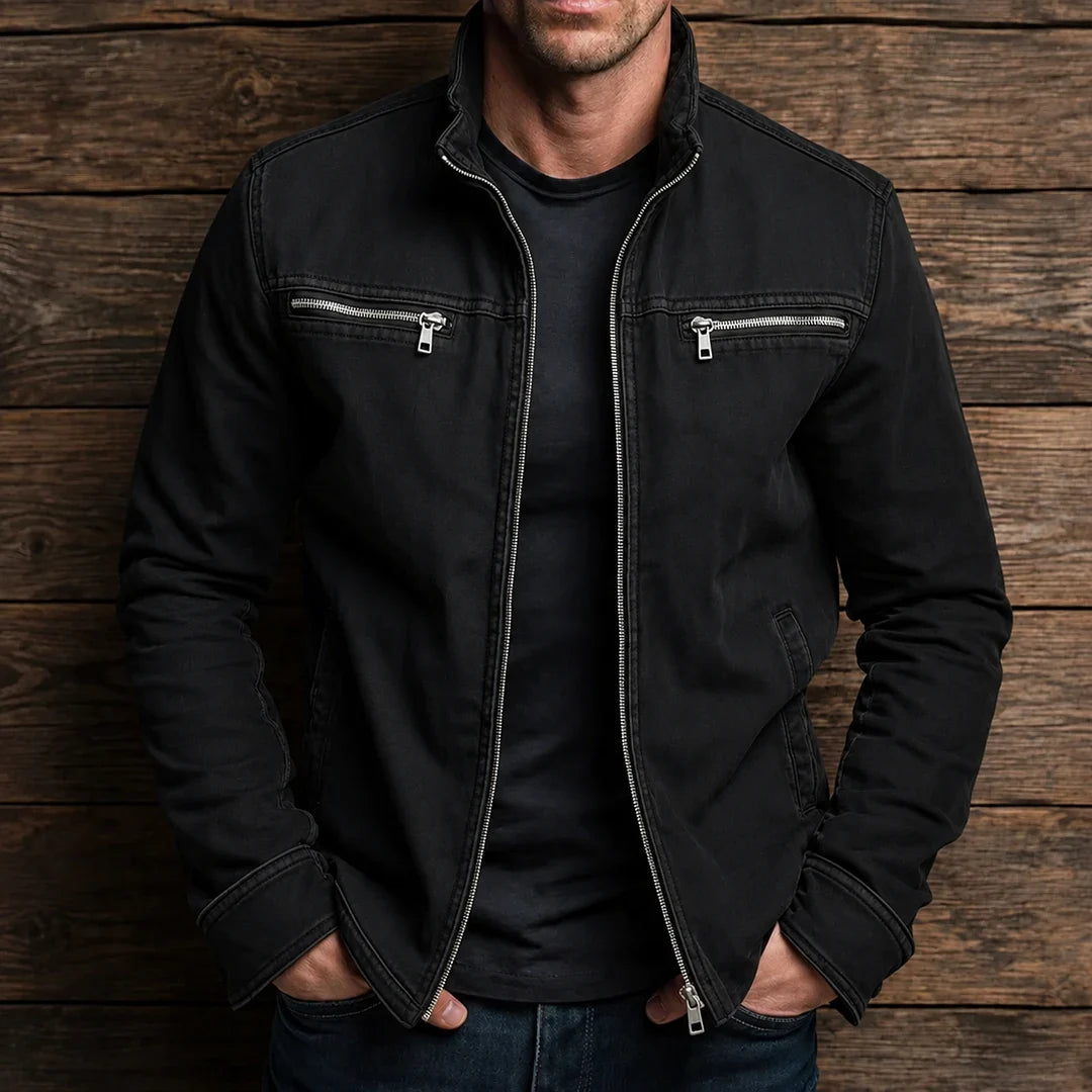 Men's Stand Collar Zip Jacket in Black – front view on model | Hensley London