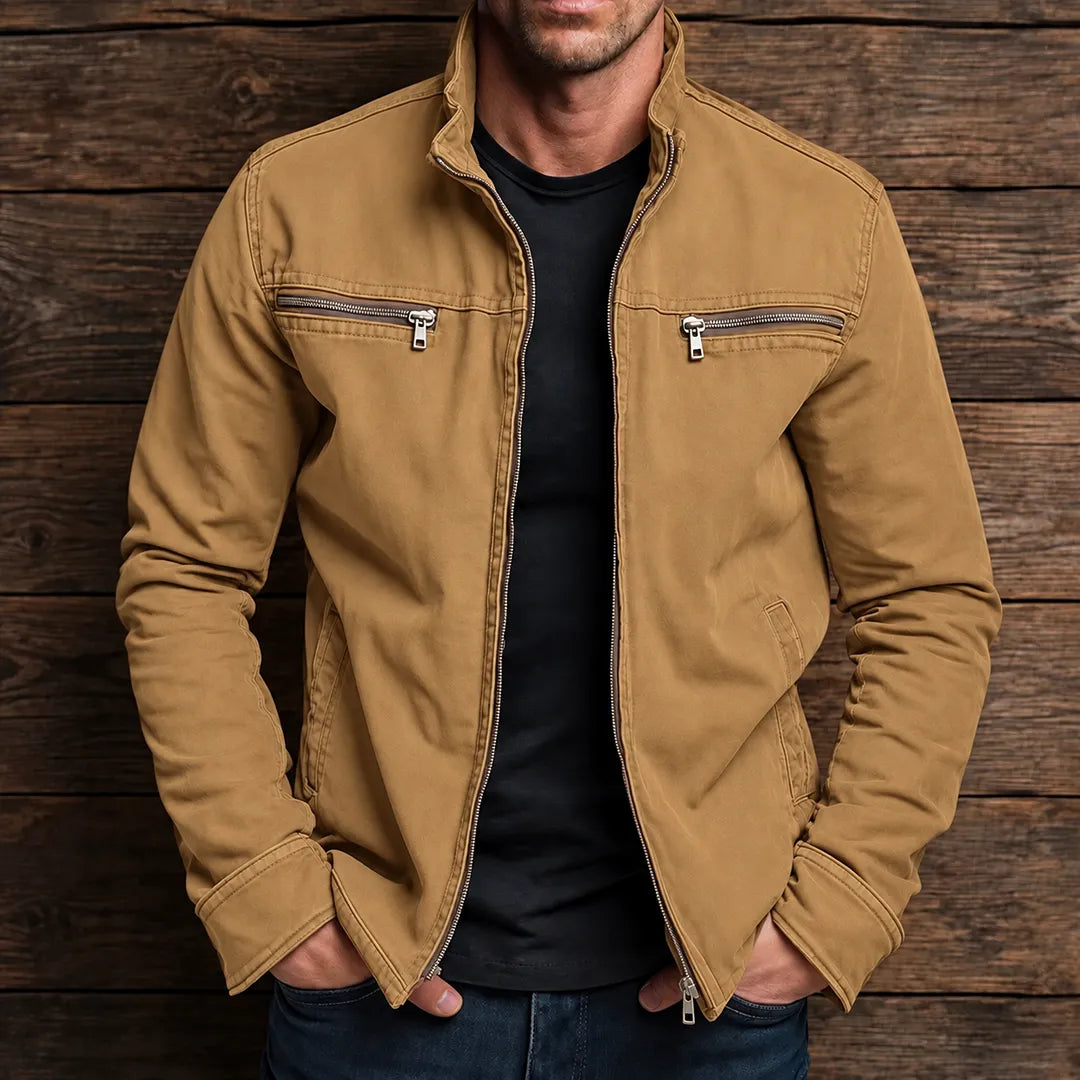 Men's Stand Collar Zip Jacket in Brown – front view on model | Hensley London